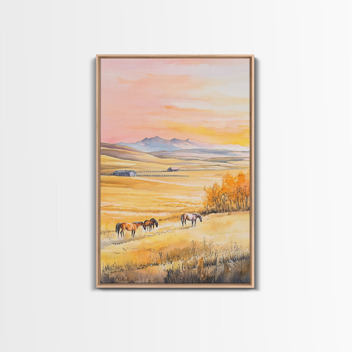 Horses Grazing In Golden Fields Framed Canvas Print Autumn Country Landscape Best Gift Holiday Wall Art Farmhouse Christmas Decor