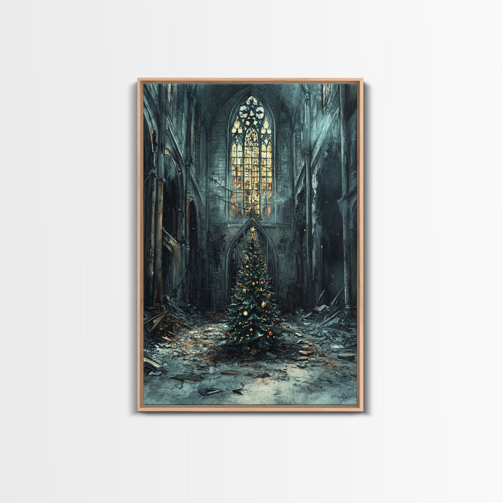 Moody Landscape Gothic Cathedral Christmas Tree Framed Canvas Print Christian Christmas Art Gift Rustic Holiday Wall Art Home Decor