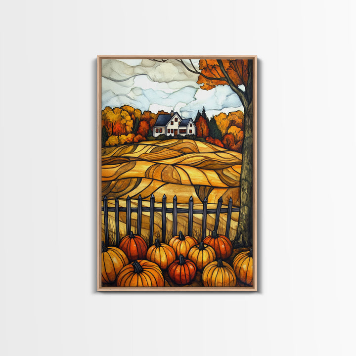 Cozy Fall Farmhouse With Pumpkins Framed Canvas Print Autumn Wall Art Country Farmhouse Decor Best Gift Idea Above Sofa Seasonal Art