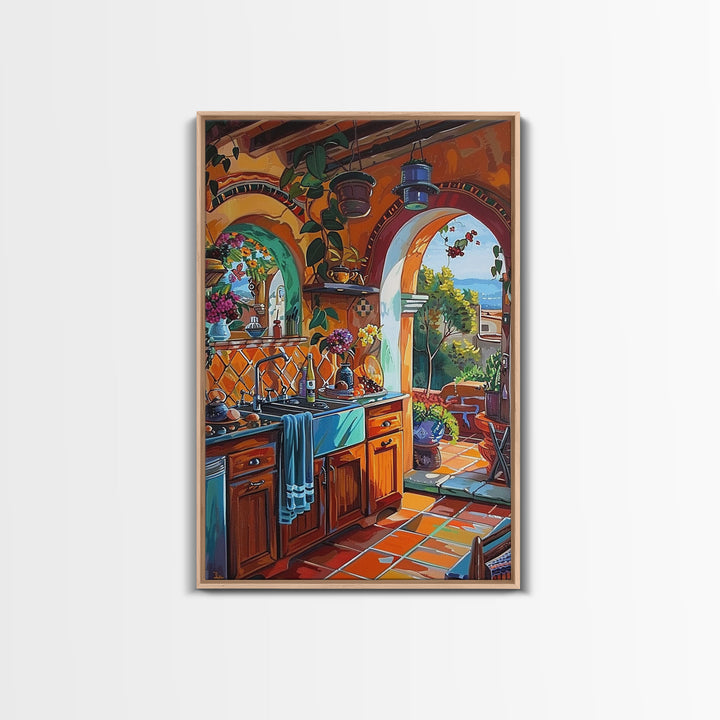 Sunlit Mediterranean Kitchen Framed Canvas Print Colorful Interior Wall Art Best Gift Idea Bright Rustic Home Seasonal Decor