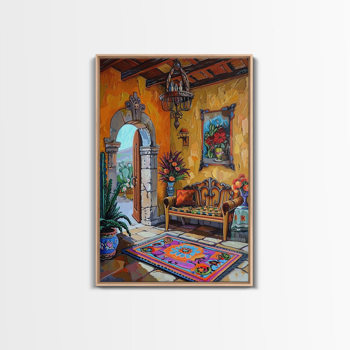 Vibrant Spanish Courtyard Framed Canvas Print Colorful Home Decor Best Gift Bright Seasonal Wall Art Mediterranean Patio Above Sofa Art