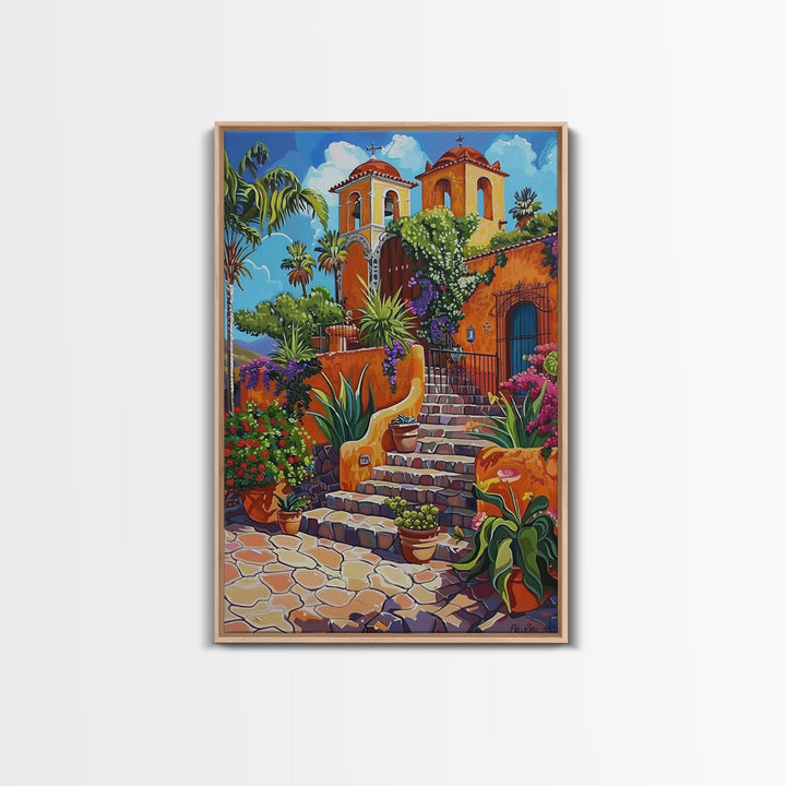 Spanish Mission With Palm Trees And Flowers Framed Canvas Print Colorful Home Decor Best Gift Bright Seasonal Art Above Sofa Wall Art