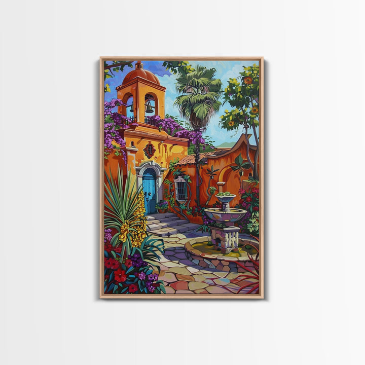 Vibrant Mexican Style Architecture Framed Canvas Print Tall Art Featuring Colorful Homes And Nature