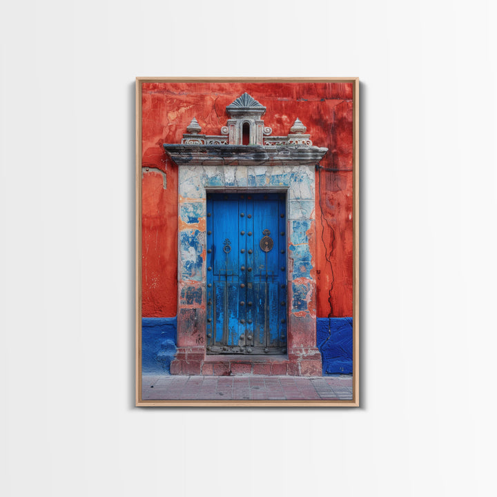 Tall Art Framed Canvas Print Of Mexican Style Blue Door And Red Walls With Vibrant Flowers