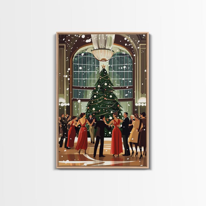 Vintage Christmas Dance in Grand Hall with Snow Falling and Large Decorated Christmas Tree, Ideal Holiday Art, Framed Canvas Print