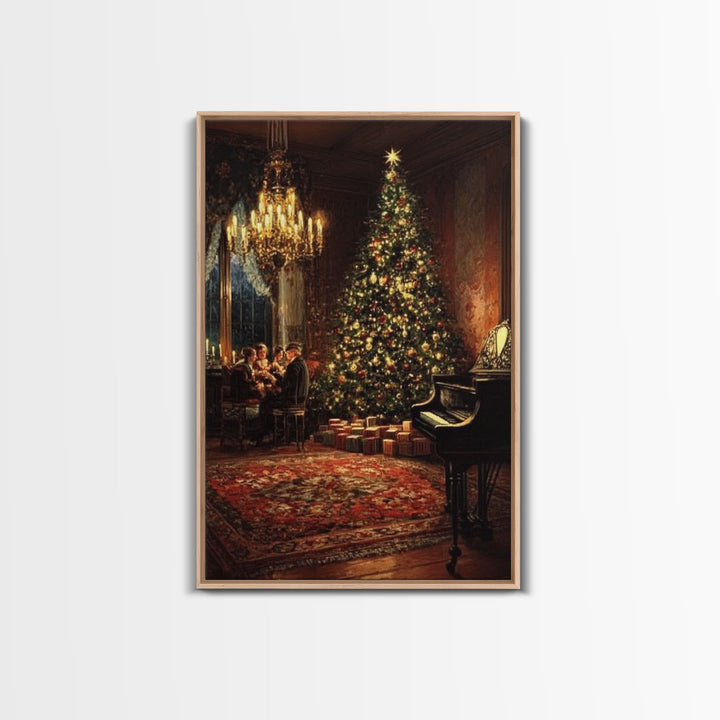 Vintage Victorian Christmas Tree Framed Canvas Print Tall Art With Grand Piano And Family Gathering, Elegant Christmas Wall Art Decor