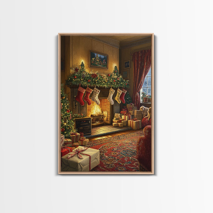 Cozy Christmas Mantle Decor Framed Canvas Print With Stockings Hanging And Presents By The Fire, Seasonal Holiday Wall Art Farmhouse Style