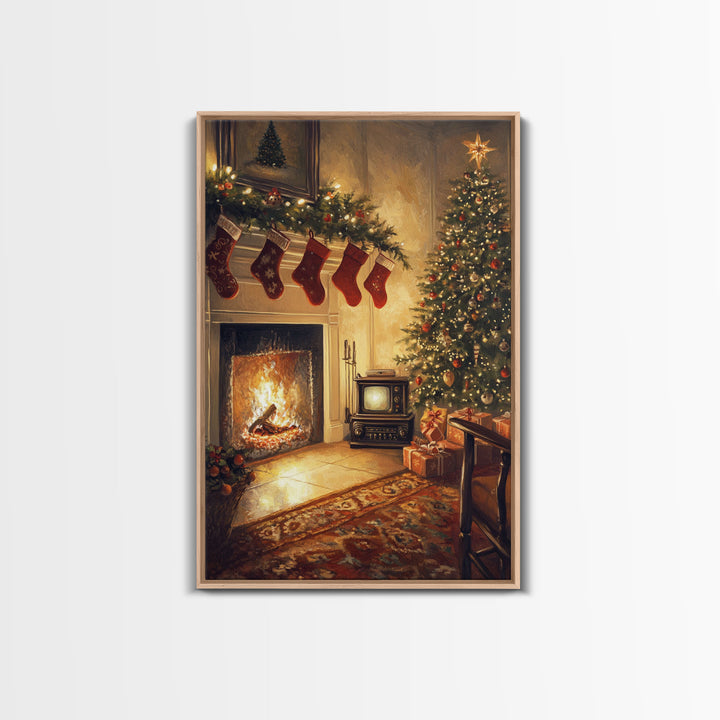 Nostalgic Christmas Living Room Scene Framed Canvas Print With Vintage Fireplace And Tree, Warm Holiday Wall Art Christmas Decor