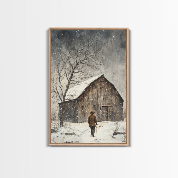 Winter Barn Snow Scene Framed Canvas Print - Moody Landscape Art Perfect Gift Idea 2024 Farmhouse Rustic Winter Wall Decor