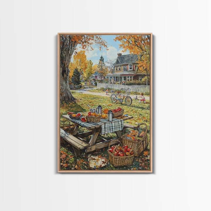 Autumn Picnic Outdoors Tall Art Framed Canvas Print With Basket Of Apples, Fall Scene Wall Art, Country Farmhouse Decor For Kitchen