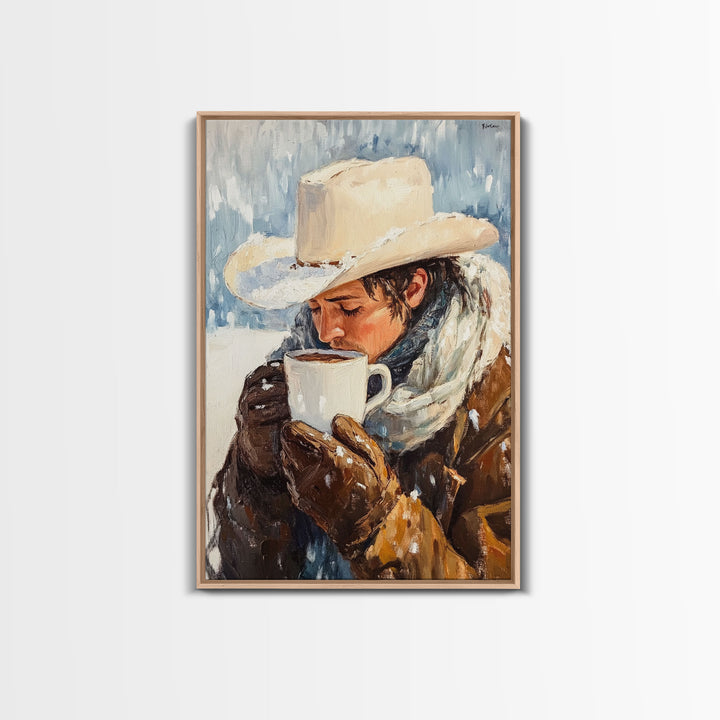 Cowboy Drinking Hot Cocoa Framed Canvas Print - Cozy Winter Wall Art 2024 Rustic Christmas Decor and Gift Idea