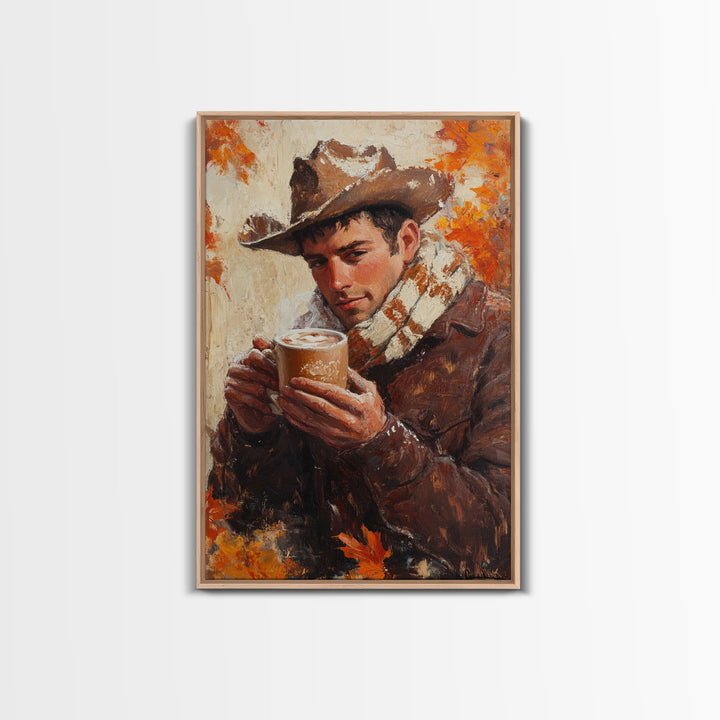 Cowboy with Coffee Mug in Autumn Framed Canvas Print - Fall Country Wall Art 2024 Rustic Home Decor and Gift Idea