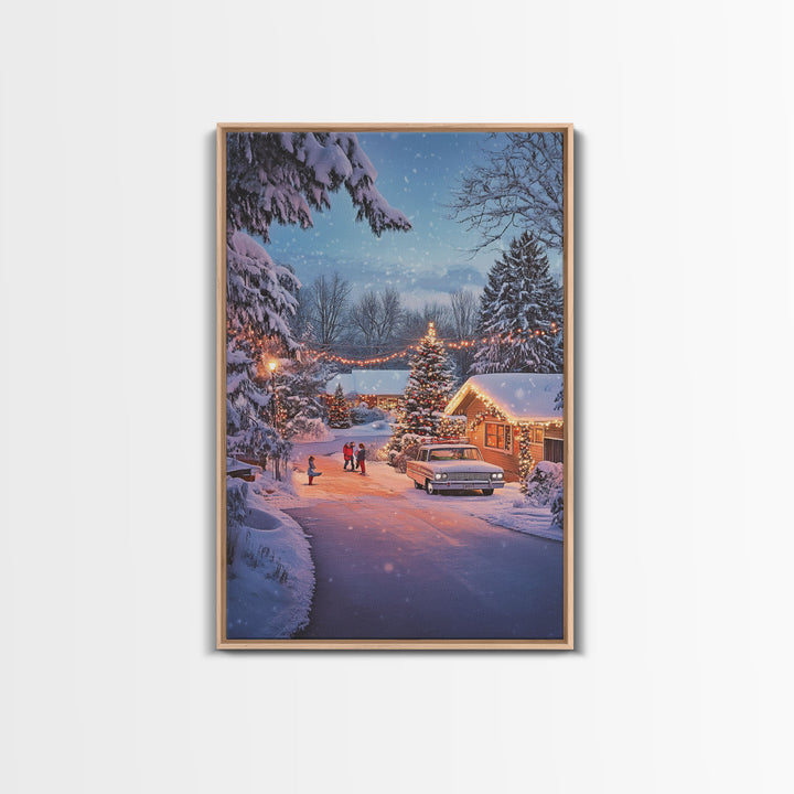 Classic Winter Christmas Neighborhood Framed Canvas Print Tall Art With Lights And Christmas Tree, Holiday Wall Art Home Decor