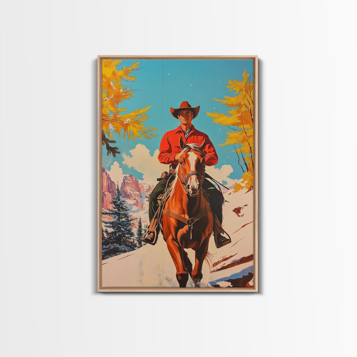 Western Cowboy on Horseback in Snowy Winter Landscape Canvas Print Vintage Christmas Wall Decor Winter Wonderland Christmas Gift Wall Art