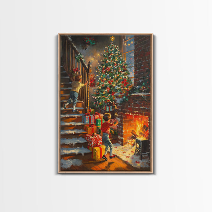 Children Hanging Stockings By The Fireplace Framed Canvas Print Tall Art With Christmas Tree, Nostalgic Christmas Wall Art Holiday Decor