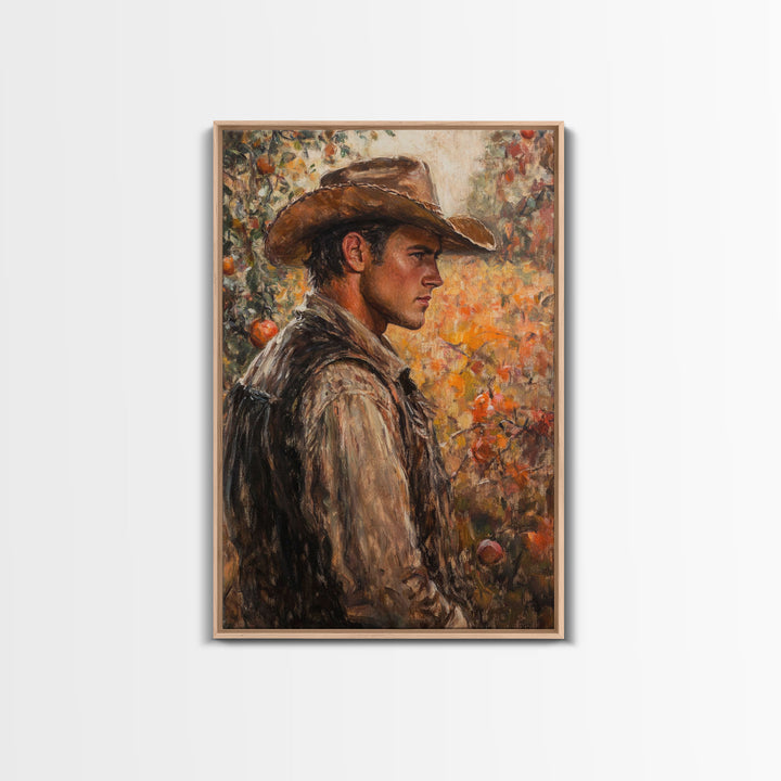 Thoughtful Cowboy in Orchard Canvas Print with Fall Colors, Rustic Western Art, Autumn Decor Gift, Vintage Wall Art, Large Canvas Print