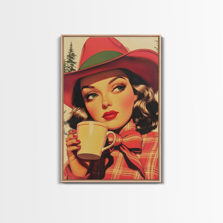 Retro Christmas holiday art framed canvas print a stylish woman with coffee holiday wall art perfect for vintage Christmas home decor