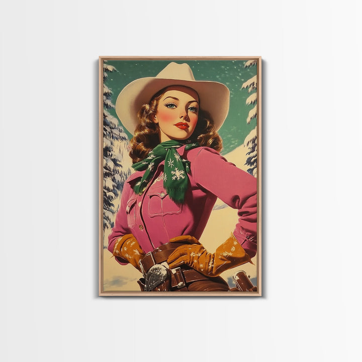 Vintage Christmas framed canvas print stylish winter cowgirl in festive snow perfect retro holiday decor or gift idea for rustic home