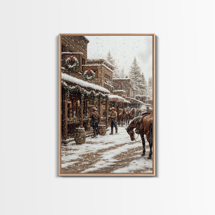 Nostalgic Cowboy Christmas Scene Framed Canvas Print Tall Art With Snowy Western Town, Rustic Wall Art Vintage Christmas Home Decor