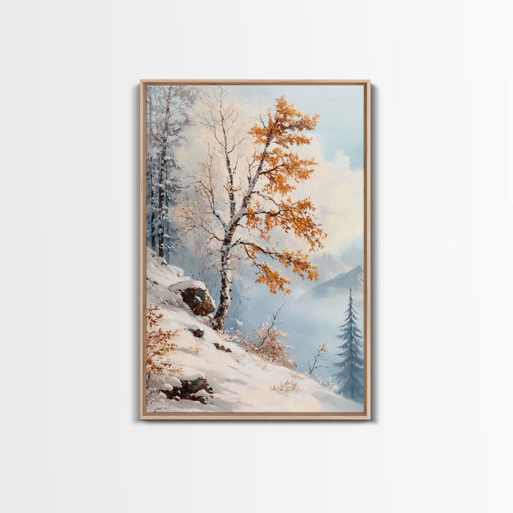 The Tree On The Mountain - Framed Canvas Print - Winter Wonderland Landscape Painting - Tall Christmas Decor