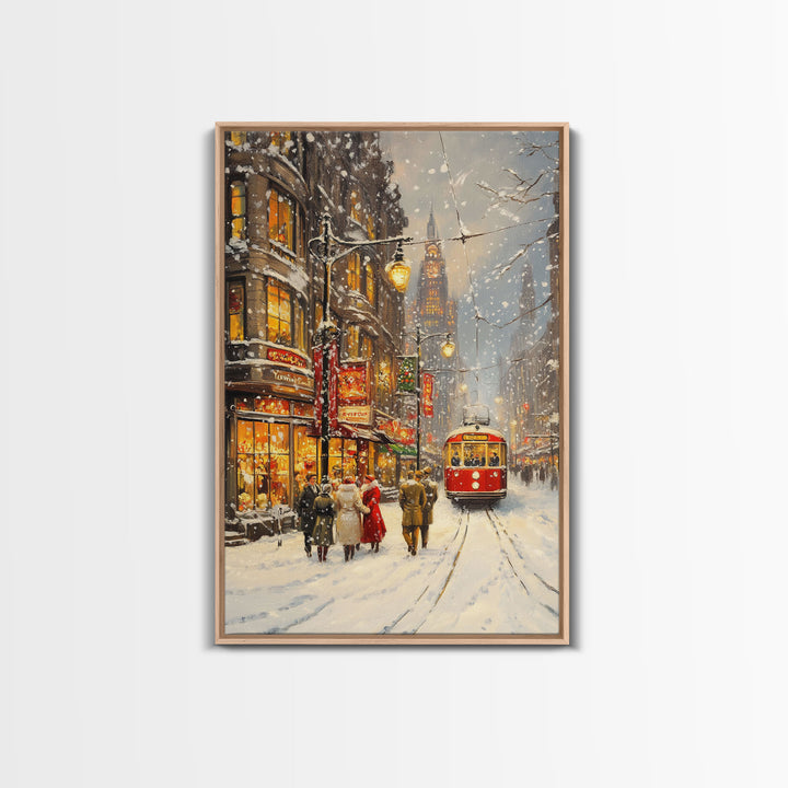 Vintage Snowy Christmas Street Scene With Trolley Framed Canvas Print Holiday Wall Art Retro Christmas Decor Christmas Tree Art Gift Idea