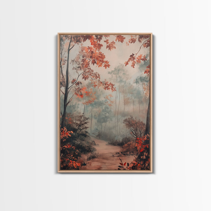 Framed Canvas Print of Autumn Pathway with Red Leaves, Seasonal Wall Art, Best Gift Idea, Modern Farmhouse Fall Decor, Moody Landscape