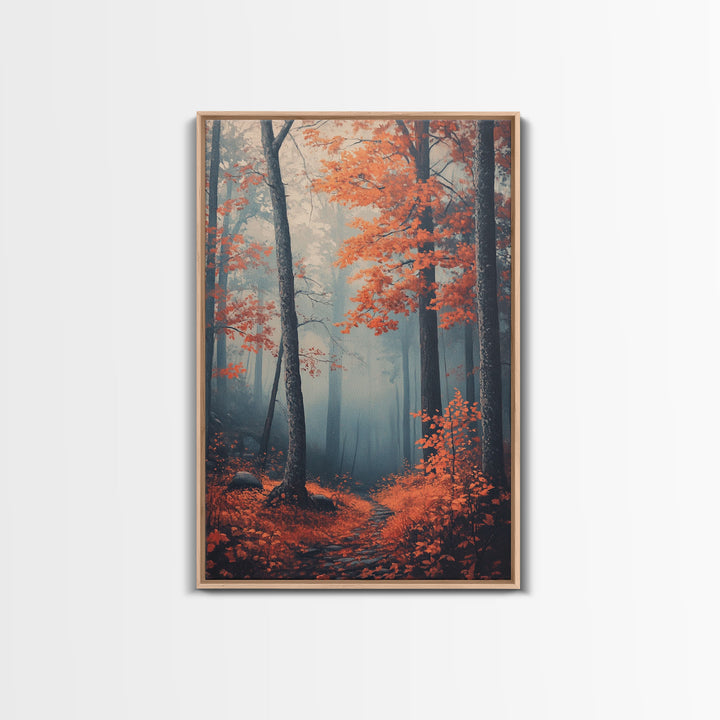 Framed Canvas Print of Misty Autumn Forest with Vibrant Red Leaves, Seasonal Wall Art, Modern Farmhouse, Gift Idea, Fall Landscape Art