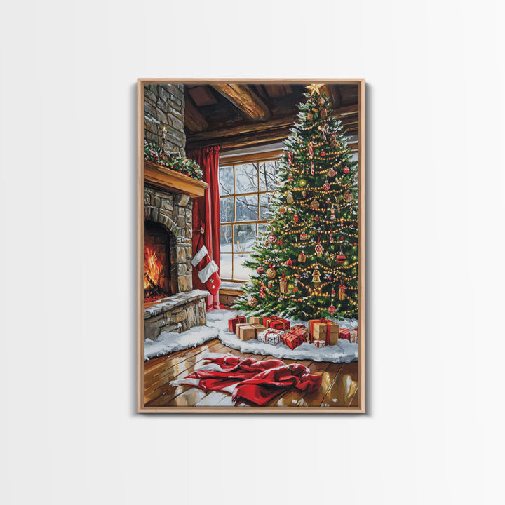 Cozy Cabin Fireplace With Christmas Tree Framed Canvas Print Christmas Wall Art Farmhouse Christmas Decor Holiday Gift Christmas Tree Art