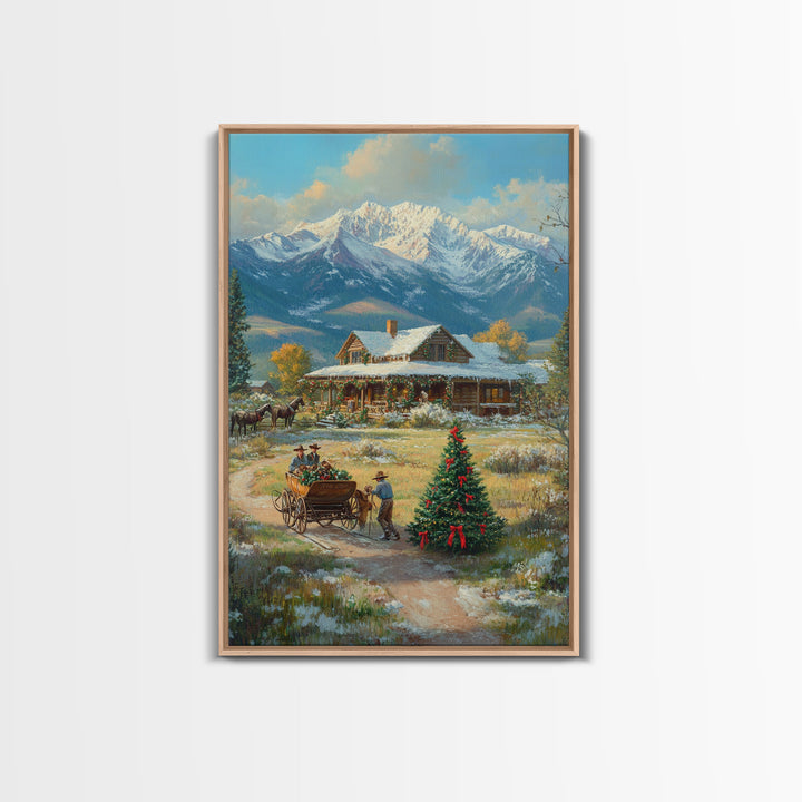 Snowy Mountain Cabin Christmas Tree Scene Framed Canvas Print Christmas Wall Art Holiday Decor Christmas Tree Art Winter Landscape Gift Idea