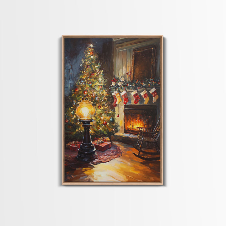 Vintage Christmas Tree And Fireplace Scene Framed Canvas Print Warm Holiday Decor With Stockings And Glowing Lights Christmas Wall Art