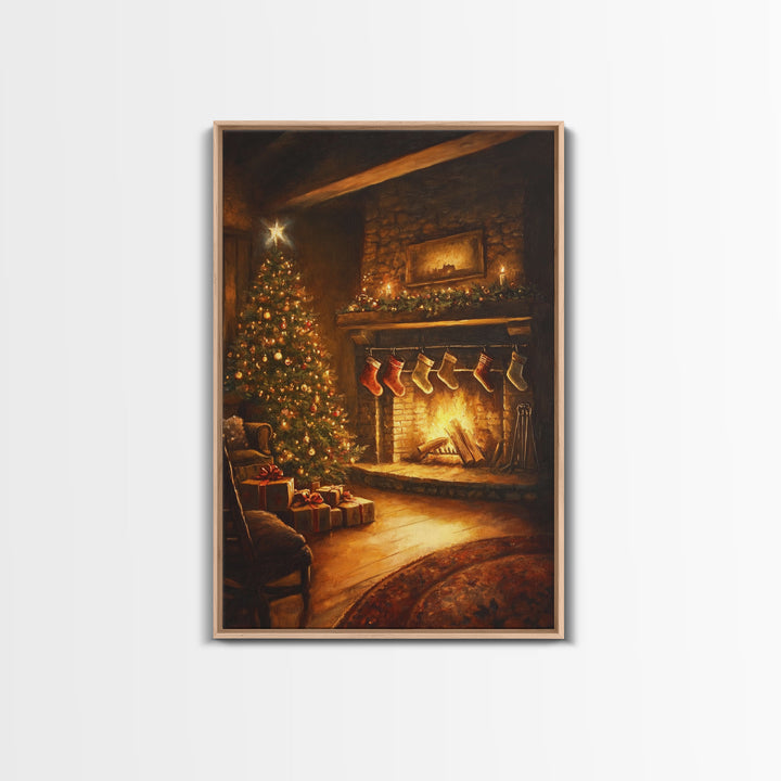 Rustic Cabin Fireplace With Christmas Tree Framed Canvas Print Warm Holiday Decor With Stockings And Christmas Lights Christmas Wall Art