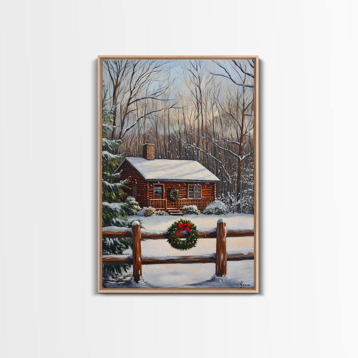 Snowy Log Cabin With Wreath And Fence Framed Canvas Print Rustic Winter Scene With Cozy Cabin In Snow Perfect Christmas Home Decor Wall Art