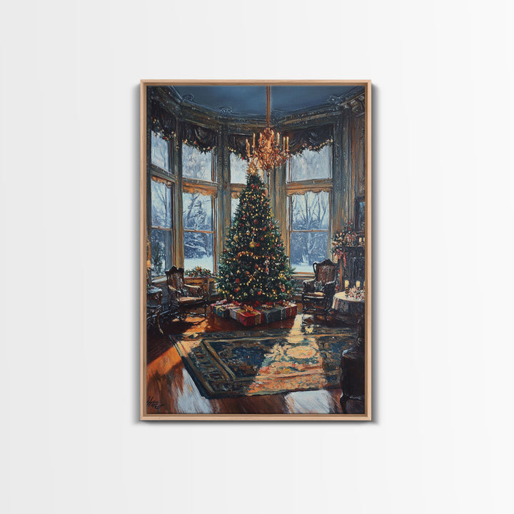 Grand Victorian Christmas Tree In Luxury Room Framed Canvas Print Classic Holiday Home Decor With Snowy Window And Festive Lights Wall Art