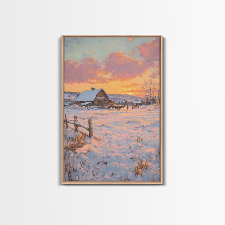 Sunset Over Snowy Ranch Framed Canvas Print Winter Wonderland Scene With Cabin In Snow Christmas Home Decor And Winter Landscape Art