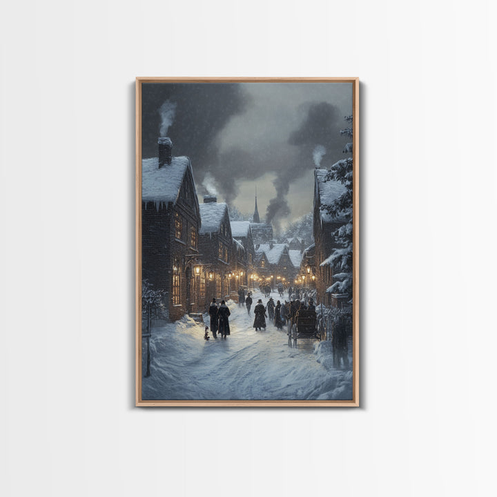 Traditional Victorian Christmas Village in Snow, Classic Christmas Wall Decor for Winter Wonderland Theme, Framed Canvas Print