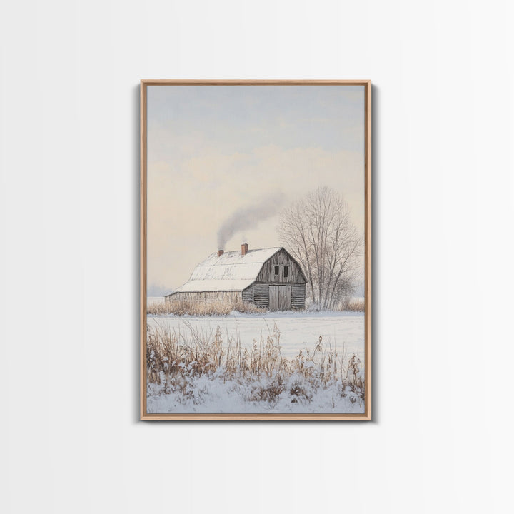 Winter Barn In Snow Framed Canvas Print Wall Art Rustic Winter Decor, Cozy Christmas Home Art, Winter Wonderland Wall Art