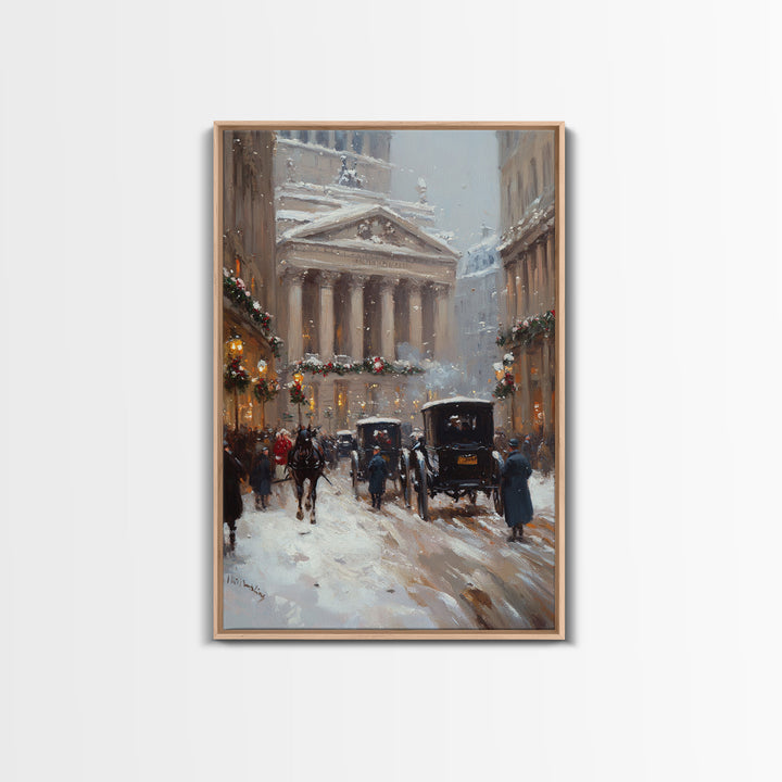 Victorian Winter Street Framed Canvas Print, Nostalgic Snowy City Scene with Horse-Drawn Carriages, Christmas Charm for Holiday Wall Art