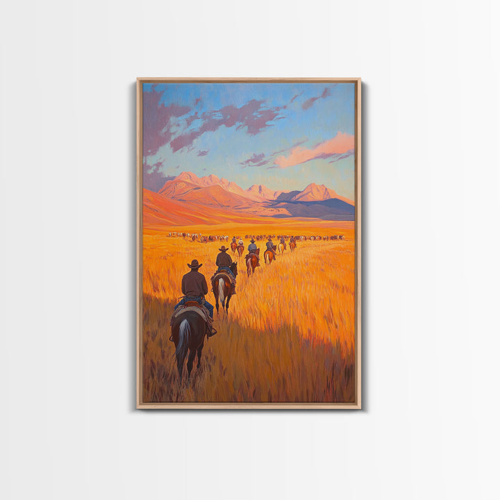 Cowboy Campfire Framed Canvas Print, Evening Gathering with Riders Around Fire, Western Landscape Art for Fall or Winter Home Decor