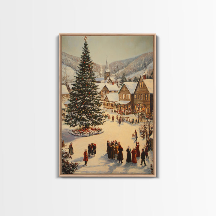 Victorian Christmas Village Framed Canvas Print, Festive Winter Scene Large Christmas Tree, Wall Art for Vintage Country or Farmhouse Decor