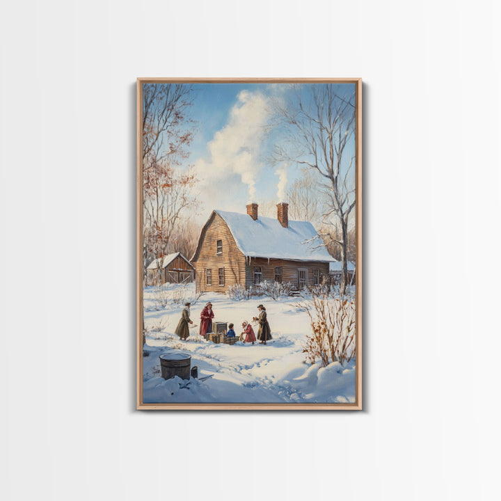 Snowy Country Homestead Framed Canvas Print, Winter Family Gathering Outside Farmhouse, Rustic Christmas Wall Art Holiday Seasonal Decor