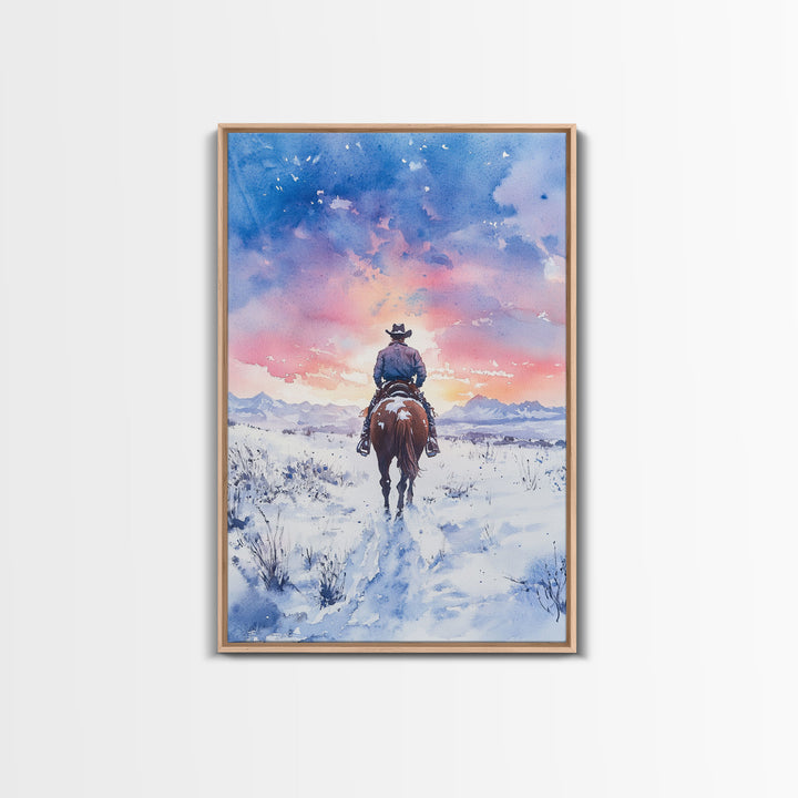 Cowboy riding through snowy sunset, Framed Canvas Print, winter landscape wall art, western decor for above sofa, rustic holiday decor