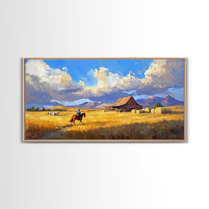 Lone Rider Crossing Golden Fields Tall Art Framed Canvas Print Rustic Cowboy Riding Horse Farmhouse Country Landscape With Cloudy Sky