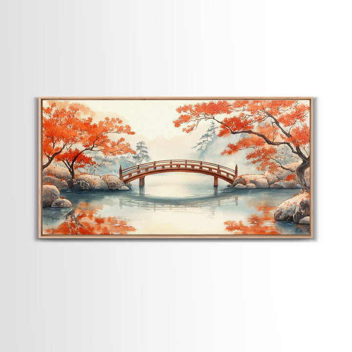 Tranquil Japanese Autumn Bridge Framed Canvas Print Fall Nature Scene Art Minimalist Wall Decor Seasonal Holiday Gift Idea 2024