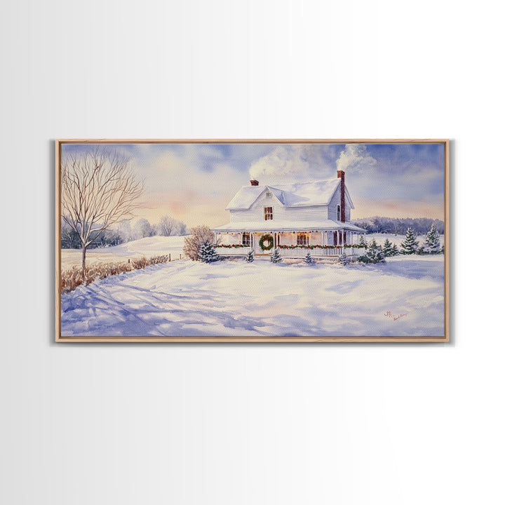 Farmhouse Christmas decor Framed Canvas Print snowy white farmhouse with wreath winter wonderland holiday decor best gift Christmas wall art