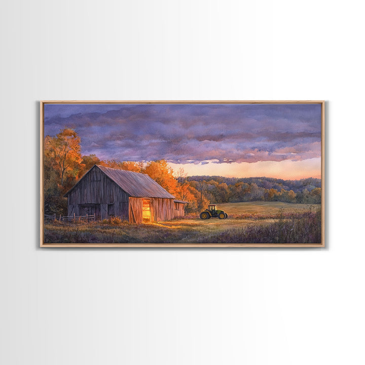 Rustic autumn farmhouse decor Canvas Print sunset landscape with tractor and barn moody landscape fall decor autumn wall art gift idea