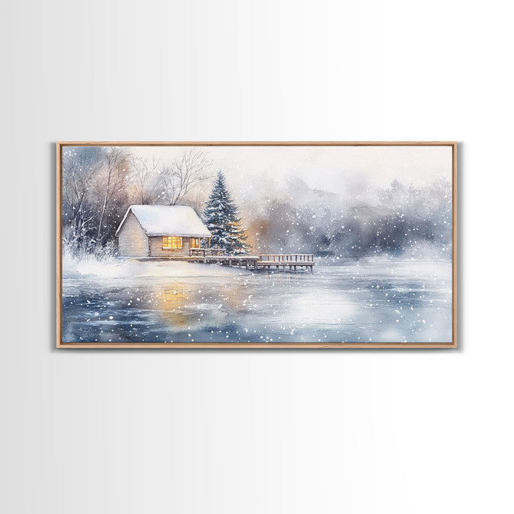 Christmas winter cabin Framed Canvas Print snowy lakeside cabin Christmas tree cozy holiday decor winter wonderland art Christmas wall decor