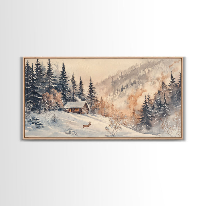 Christmas winter cabin Canvas Print snowy mountain cabin deer cozy holiday wall art winter wonderland seasonal decor Christmas gift idea