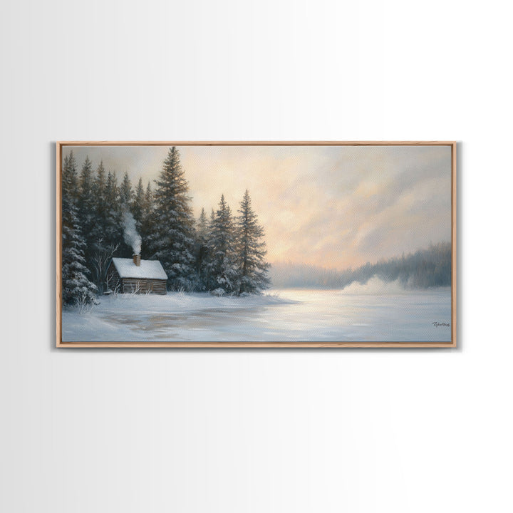 Winter Cabin By The Lake Tall Art Framed Canvas Print Snow Covered Cabin In Peaceful Forest With Winter Wonderland Scene