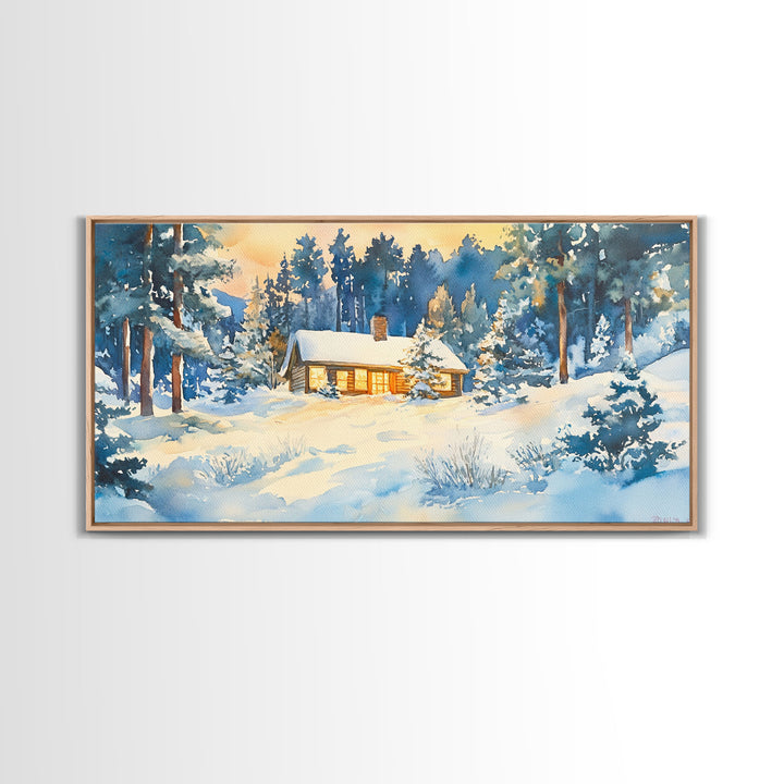 Winter cabin decor Framed Canvas Print snowy cabin and trees winter wonderland cozy holiday wall art gift idea Christmas home decor