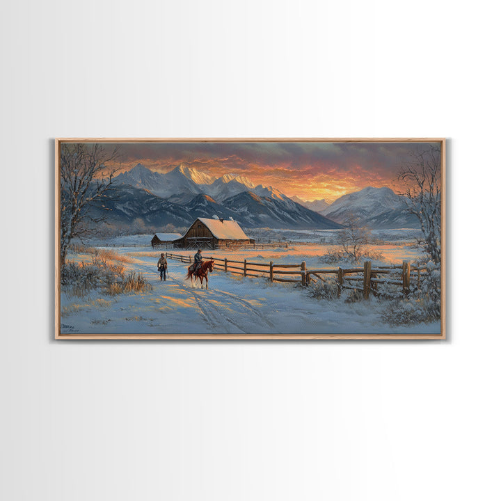 Dawn on the Frontier - Christmas scene art, winter wonderland, rustic Christmas art, Christmas farmhouse decor, snowy mountain art